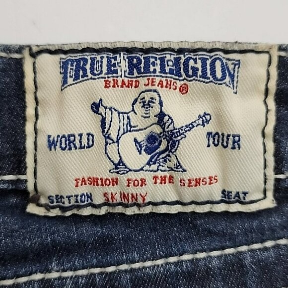 True Religion Women's  Denim Skinny Dark Wash Blue Jeans White Stitch Size 27 - Picture 8 of 16